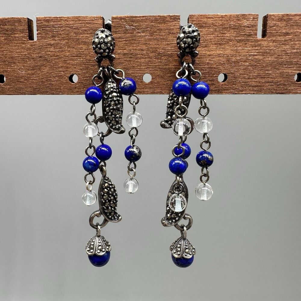 925 Marcasite & Lapis Bead Dangle Drop Earrings Victoria Crowns & Co.
